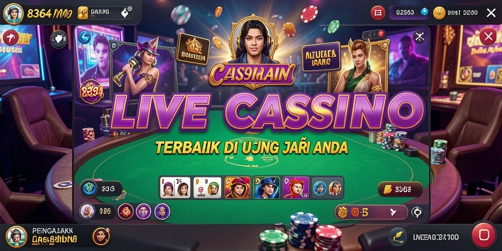 Screenshot dari gameplay Live Casino dengan dealer langsung dan interaksi pemain.