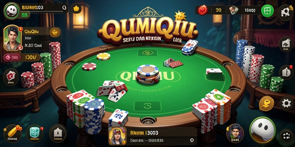 Screenshot gameplay QiuQiu yang menampilkan kartu dan interaksi antar pemain.