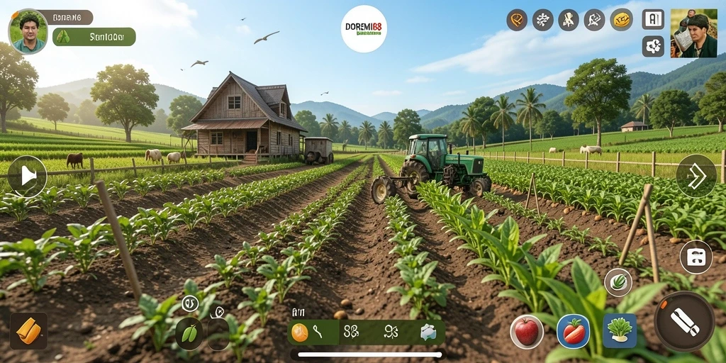Screenshot DOREMI88 menampilkan petani sedang mengelola ladang pertanian.