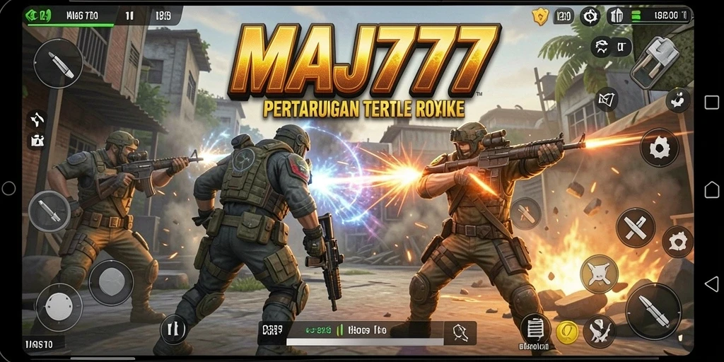 Tampilan aksi seru dalam gameplay Battle Royale MAJ777.