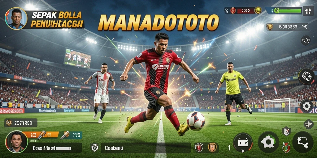 Tangkapan layar gameplay MANADOTOTO dengan aksi sepak bola yang mendebarkan.