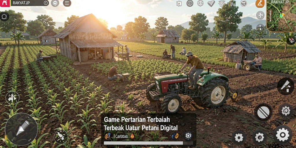 Screenshot gameplay RAKYATJP menampilkan suasana pertanian yang hidup dan interaktif.