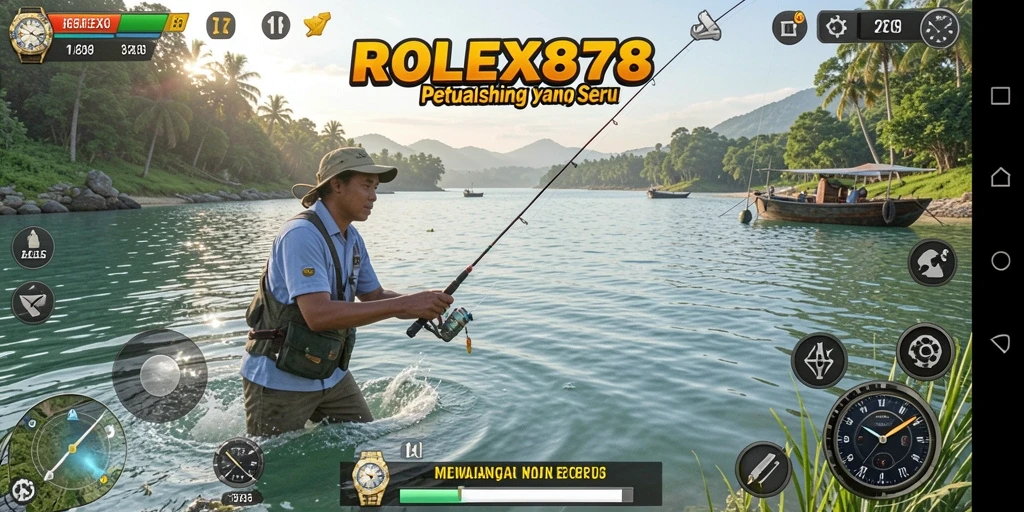 Tampilan gameplay ROLEX878 dengan pemandangan indah saat memancing.