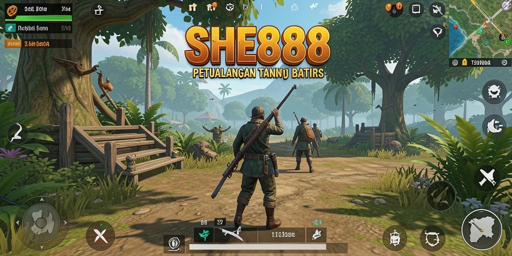 Screenshot utama SHE888 menampilkan momen eksplorasi dunia terbuka yang menarik.