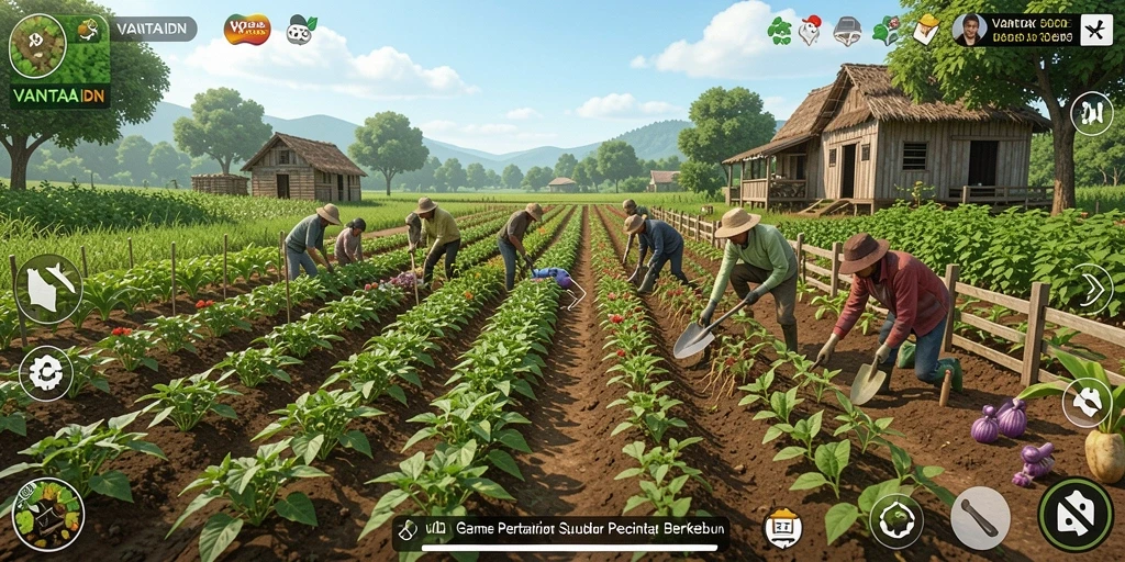 Screenshot permainan VANTAIDN menampilkan lahan pertanian yang subur dan berwarna-warni.