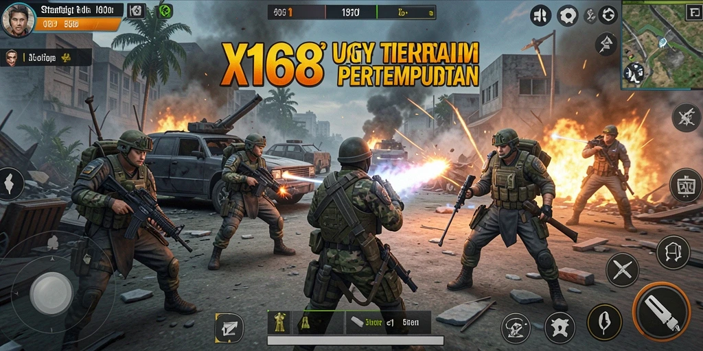 Tampilan screenshot X168 menampilkan aksi pertempuran strategi yang mendebarkan.